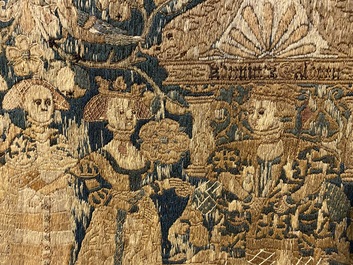 Fragment de broderie en laine en points lanc&eacute;s repr&eacute;sentant 'Salomon et la Reine de Sabba', Flandres ou Angleterre, fin du 16&egrave;me