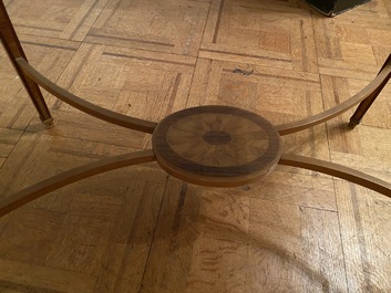 A French marquetry table display mounted with Wedgwood plaques, 2nd half 19th C.