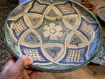 Four Moroccan polychrome 'Fez' pottery dishes, 19/20th C.