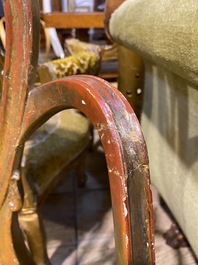 Six English polychrome and partly gilt George Hepplewhite style armchairs, 19th C.