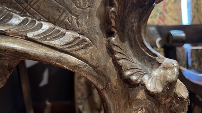 A patinated wooden rocaille table with yellow marble top, France, 18th C.