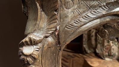 A patinated wooden rocaille table with yellow marble top, France, 18th C.