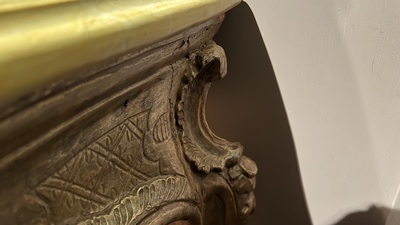 A patinated wooden rocaille table with yellow marble top, France, 18th C.