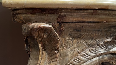 A patinated wooden rocaille table with yellow marble top, France, 18th C.