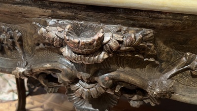 A patinated wooden rocaille table with yellow marble top, France, 18th C.