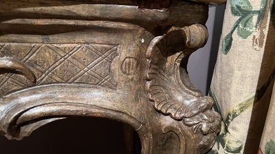 A patinated wooden rocaille table with yellow marble top, France, 18th C.