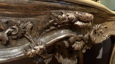 A patinated wooden rocaille table with yellow marble top, France, 18th C.