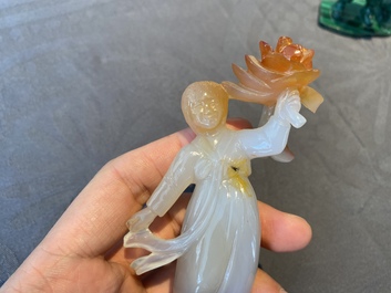 Two Chinese Cultural Revolution figures of girls in agate and malachite