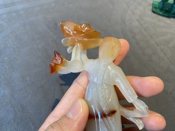 Two Chinese Cultural Revolution figures of girls in agate and malachite