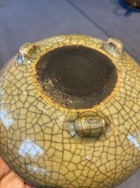 A Chinese crackle-glazed tripod censer on carved wooden stand, 19th C.