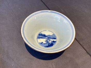 A Chinese blue and white bowl with fishermen at lunch, Chenghua mark, Kangxi