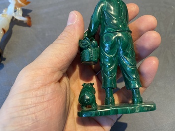 Two Chinese Cultural Revolution figures of girls in agate and malachite