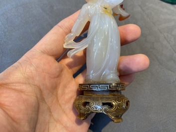Two Chinese Cultural Revolution figures of girls in agate and malachite