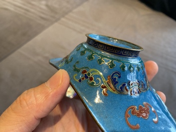 A pair of Chinese or Vietnamese enamel cup stands and an ingot-shaped bowl, 18/19th C.