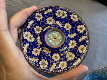 A pair of Chinese or Vietnamese enamel cup stands and an ingot-shaped bowl, 18/19th C.