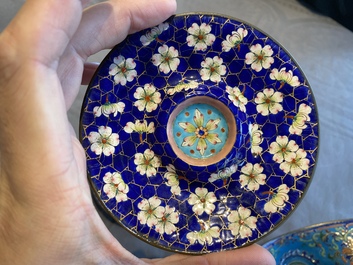 A pair of Chinese or Vietnamese enamel cup stands and an ingot-shaped bowl, 18/19th C.