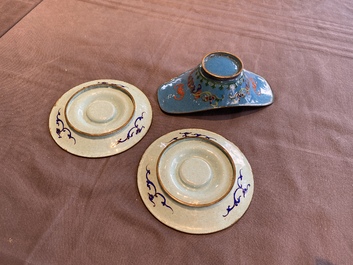 A pair of Chinese or Vietnamese enamel cup stands and an ingot-shaped bowl, 18/19th C.