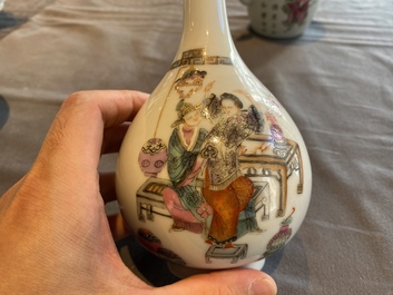 Two Chinese famille rose vases and a 'Wu Shuang Pu' teapot, 19/20th C.