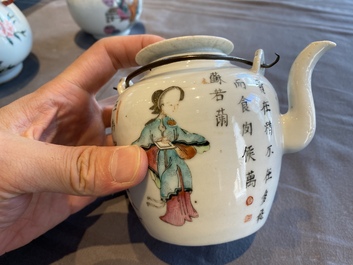 Two Chinese famille rose vases and a 'Wu Shuang Pu' teapot, 19/20th C.