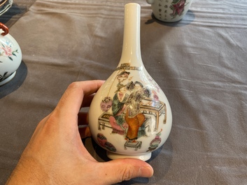 Two Chinese famille rose vases and a 'Wu Shuang Pu' teapot, 19/20th C.