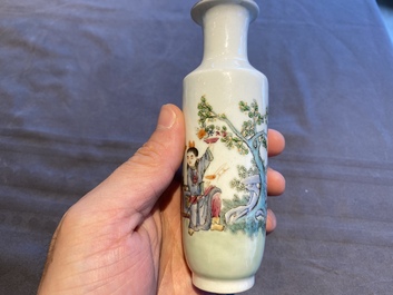 A pair of small Chinese famille rose rouleau vases, Qianlong mark, Republic