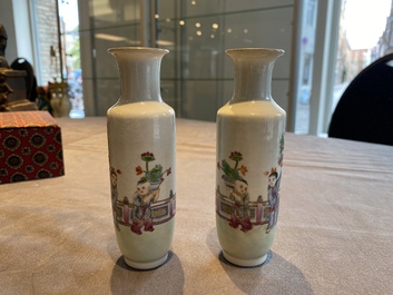 A pair of small Chinese famille rose rouleau vases, Qianlong mark, Republic