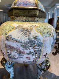 A large Chinese Canton enamel censer and cover, Qianlong mark, 19th C.