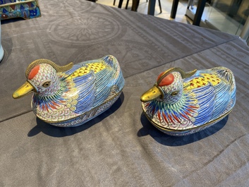 A pair of Chinese Canton enamel censers and covers in the shape of ducks, 19th C.