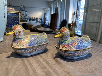 A pair of Chinese Canton enamel censers and covers in the shape of ducks, 19th C.