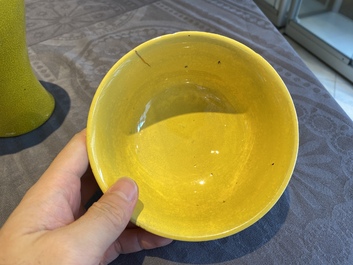 Two Chinese yellow-glazed vases and a bowl, 20th C.