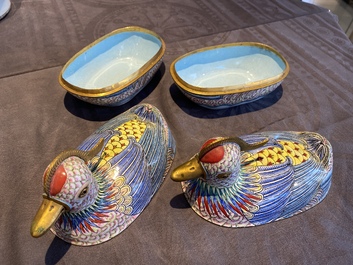 A pair of Chinese Canton enamel censers and covers in the shape of ducks, 19th C.