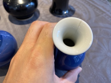 Five Chinese monochrome black- and blue-glazed vases, 19/20th C.