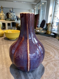 A Chinese square-facetted flamb&eacute;-glazed bottle vase, Qianlong