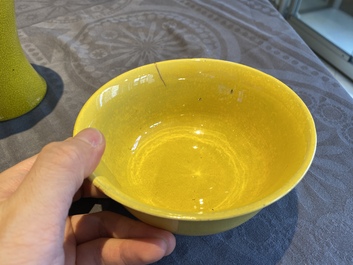 Two Chinese yellow-glazed vases and a bowl, 20th C.