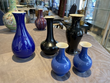 Five Chinese monochrome black- and blue-glazed vases, 19/20th C.