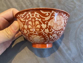 A Chinese coral-ground reserve-decorated 'lotus' bowl, Jiaqing mark, 19/20th C.