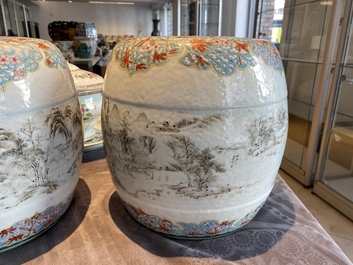 A pair of Chinese famille rose miniature stools with grisaille landscapes, Qianlong/Jiaqing
