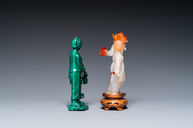Two Chinese Cultural Revolution figures of girls in agate and malachite