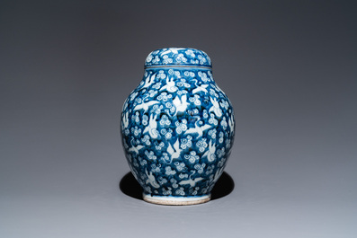 A Chinese blue and white 'cranes' jar and cover, 19/20th C.