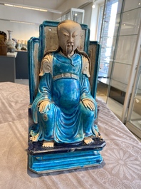 A Chinese fahua-glazed biscuit figure of Zhenwu, Ming