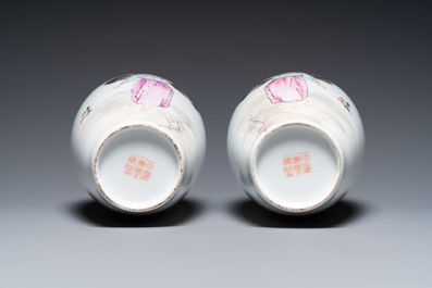 Two pairs of Chinese vases with Cultural Revolution design, one signed Kang Zhicheng 康志誠, Zhong Guo Jingdezhen Zhi 中國景德鎮製 mark