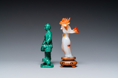Two Chinese Cultural Revolution figures of girls in agate and malachite