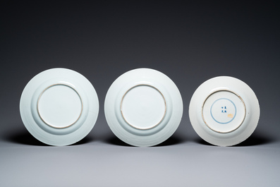 Six various Chinese blue and white, celadon and famille rose porcelain wares, 19/20th C.