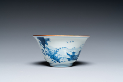 Bol en porcelaine de Chine en bleu et blanc &agrave; d&eacute;cor de p&ecirc;cheurs, marque de Chenghua, Kangxi