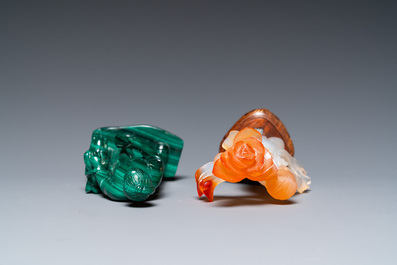 Two Chinese Cultural Revolution figures of girls in agate and malachite