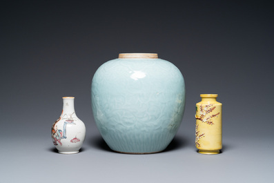 Six various Chinese blue and white, celadon and famille rose porcelain wares, 19/20th C.