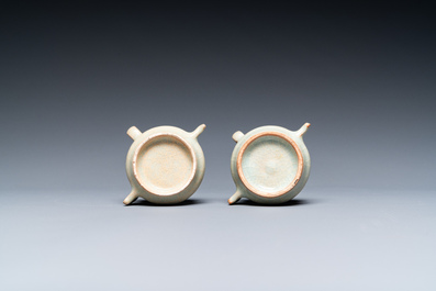 A pair of Chinese Longquan celadon bird feeders, Ming