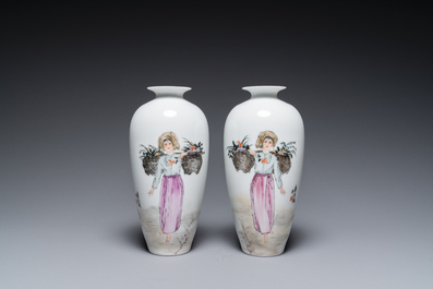 Two pairs of Chinese vases with Cultural Revolution design, one signed Kang Zhicheng 康志誠, Zhong Guo Jingdezhen Zhi 中國景德鎮製 mark