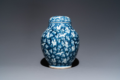 A Chinese blue and white 'cranes' jar and cover, 19/20th C.