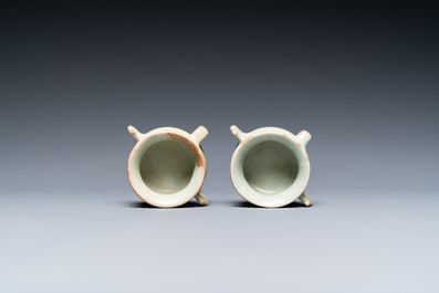 A pair of Chinese Longquan celadon bird feeders, Ming